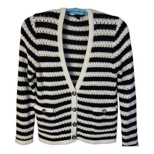 Halogen Cardigan Sweater Black White Striped Knit Button Front‎ Pockets Medium